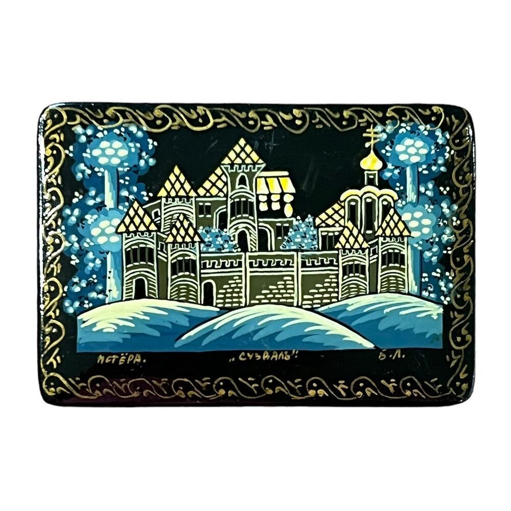 VTG Russian‎ Palekh Style Lacquer Trinket Box Hand Painted Folk Art Decor Blue